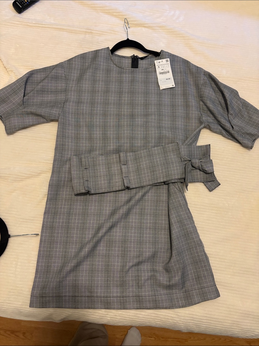 Zara Gray Plaid Button-Down Shift Dress with Waist Tie